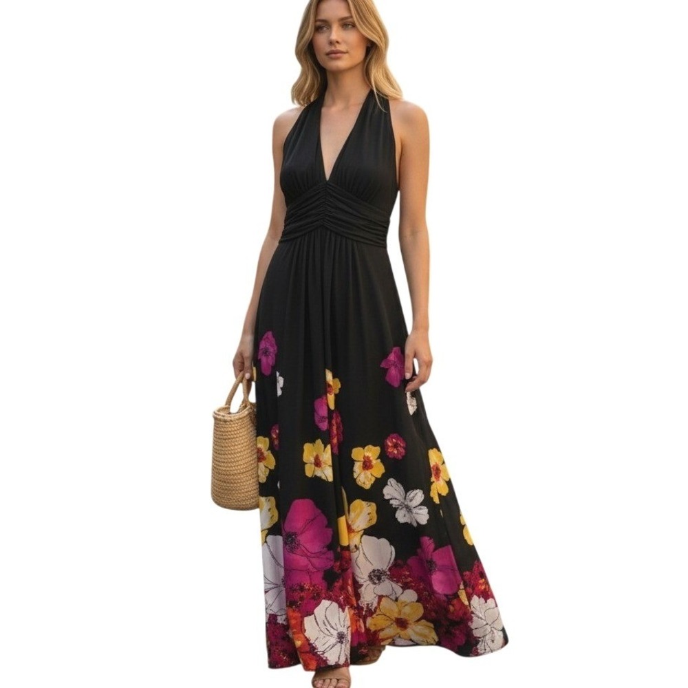 Jones Wear Dress Maxi Womens 8 Black Excellent Floral Halter Pleated V-Neck‎